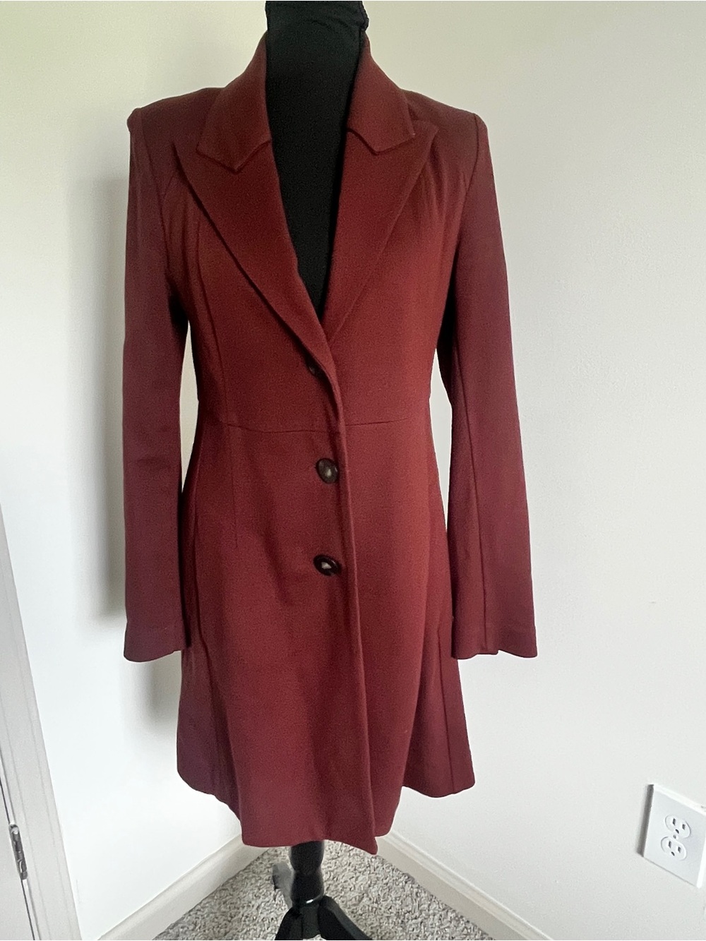 Cabi 3545 Boss Ponte Knit Box Pleated Long Trench Coat Jacket Burgundy $209 Sz S